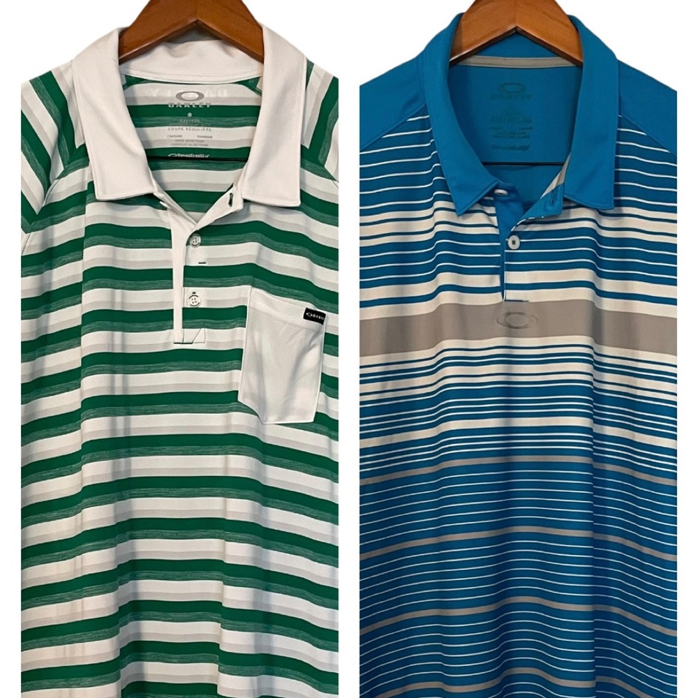 Oakley Striped Regular Fit Polo Shirt Men’s XXL 2XL Blue Green 2 SHIRTS